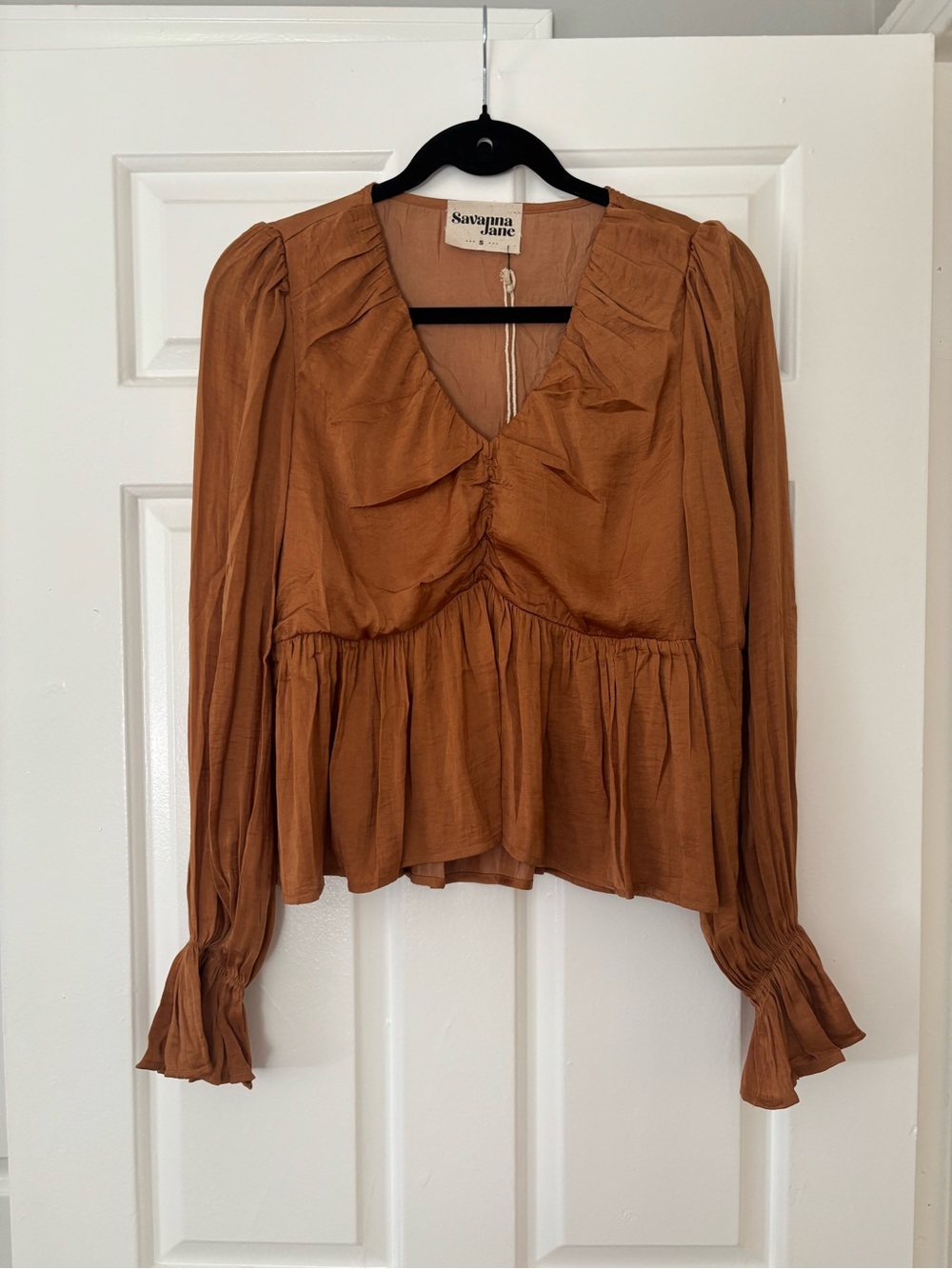 Savanna Jane Peplum Blouse - Ruffle V-Neck Balloon Sleeve Top - Size Small - NWT